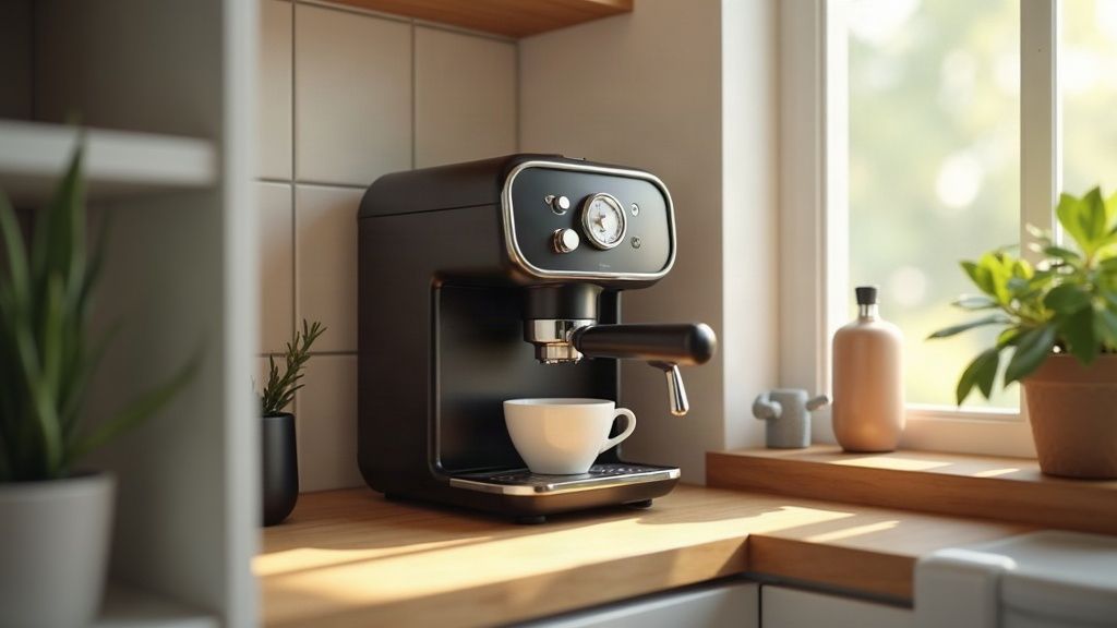 A slim espresso machine fitting on a crowded small kitchen counter