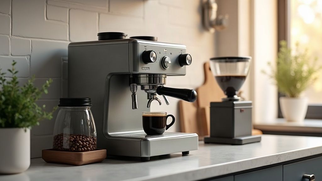 Home espresso setup with grinder and accessories