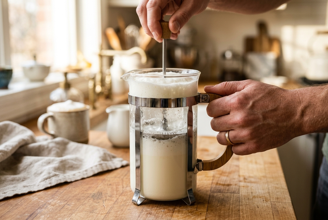 Frothing warm milk in a French press by pumping the plunger
