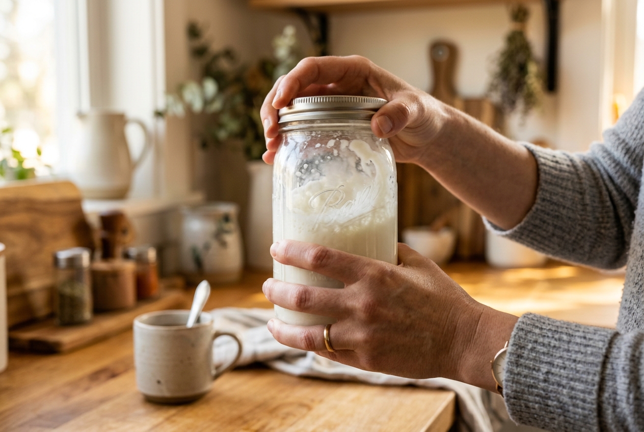Shaking milk in a sealed mason jar to create froth