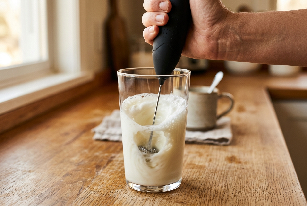 A handheld battery frother whisking milk into foam in a glass