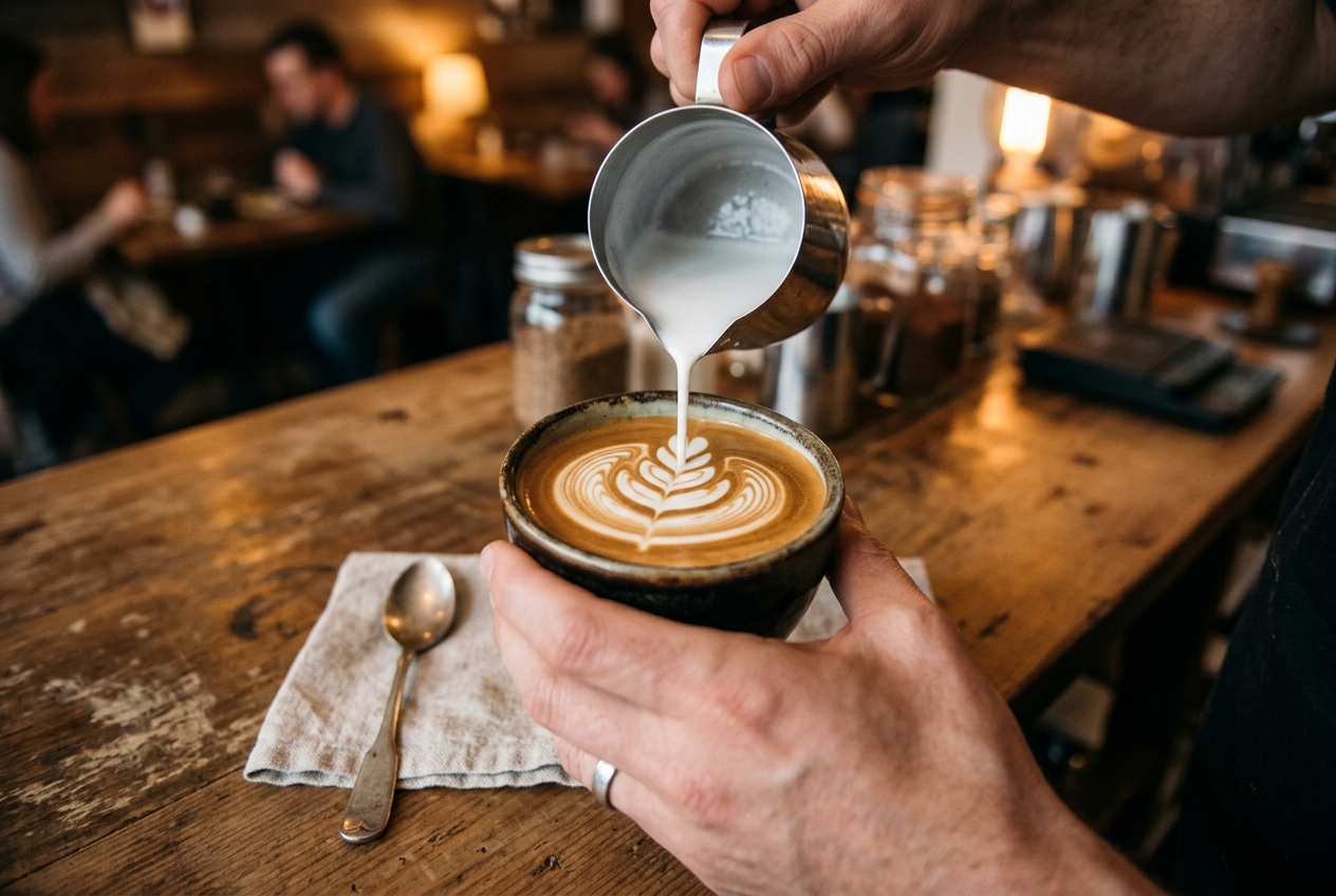 Pouring frothed milk into espresso to make latte art