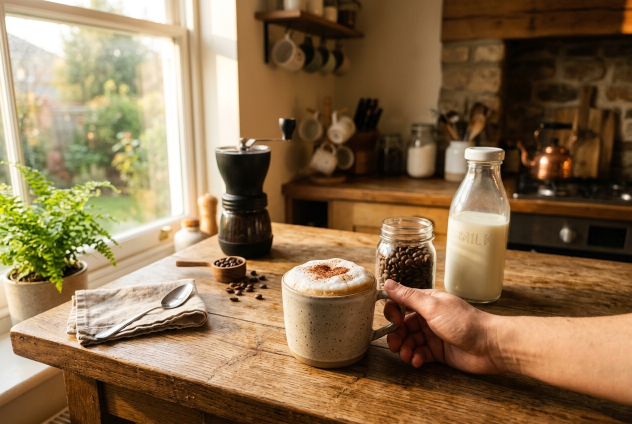 A cozy home kitchen coffee setup with frothy coffee and milk